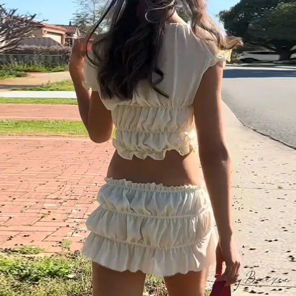 Vintage Cute Bow V Neck Ruched Crop Tops + Pencil Skirt twopiecesset-250126