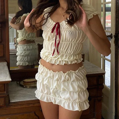 Vintage Cute Bow V Neck Ruched Crop Tops + Pencil Skirt twopiecesset-250126
