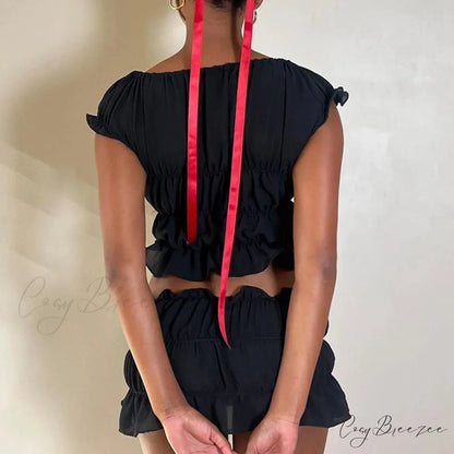 Vintage Cute Bow V Neck Ruched Crop Tops + Pencil Skirt twopiecesset-250126