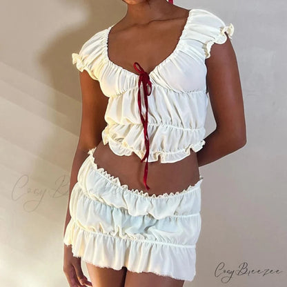 Vintage Cute Bow V Neck Ruched Crop Tops + Pencil Skirt WHITE / S twopiecesset-250126