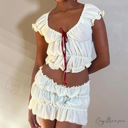 Vintage Cute Bow V Neck Ruched Crop Tops + Pencil Skirt WHITE / S twopiecesset-250126