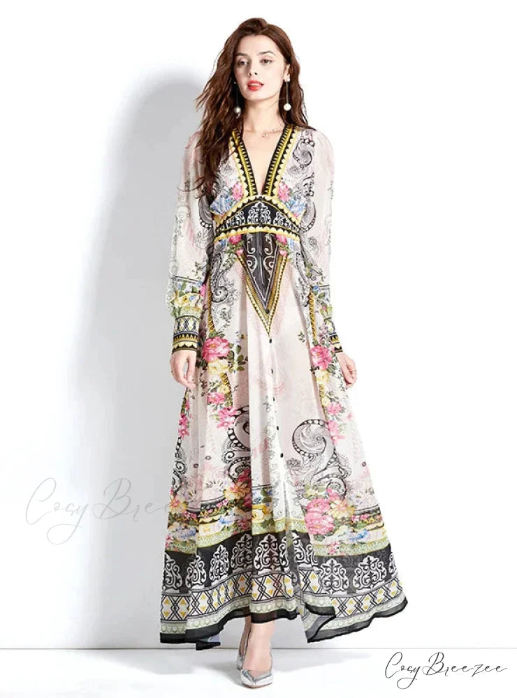 Vintage Deep V-Neck Lantern Sleeve Print Dress L / white