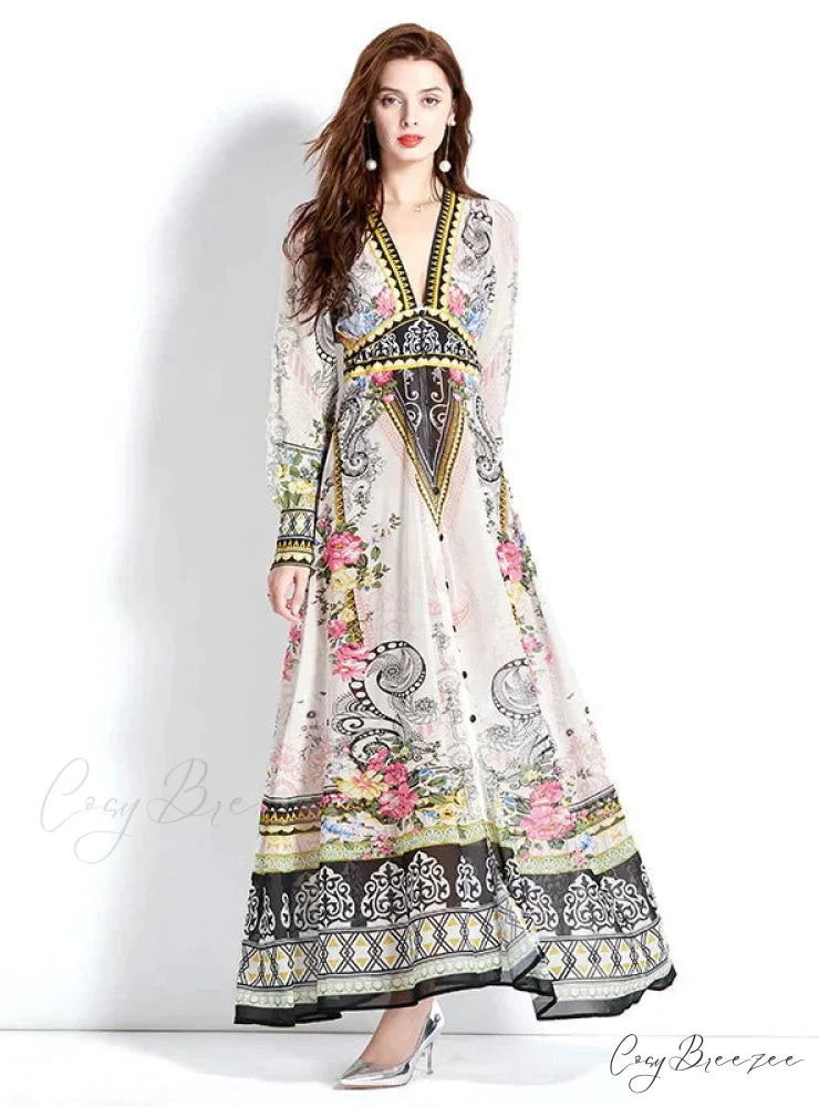 Vintage Deep V-Neck Lantern Sleeve Print Dress M / pink