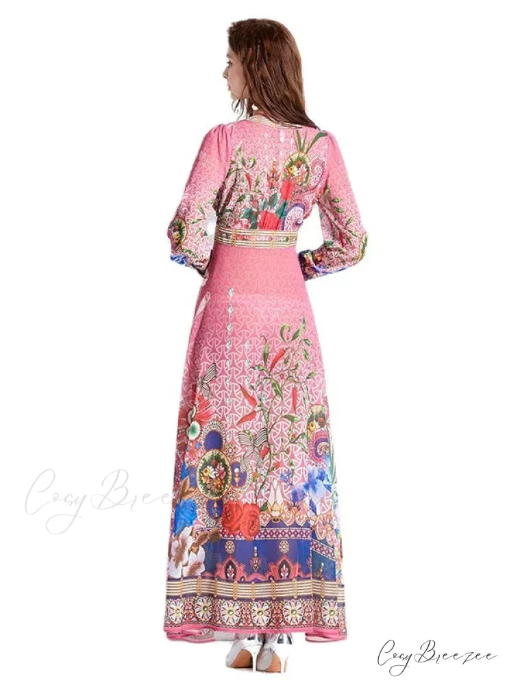 Vintage Deep V-Neck Lantern Sleeve Print Dress M / white