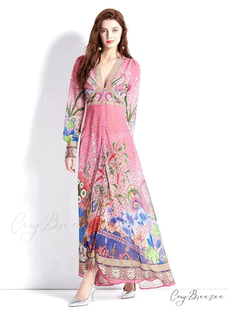 Vintage Deep V-Neck Lantern Sleeve Print Dress S / pink