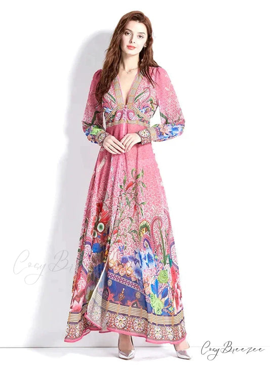 Vintage Deep V-Neck Lantern Sleeve Print Dress S / white