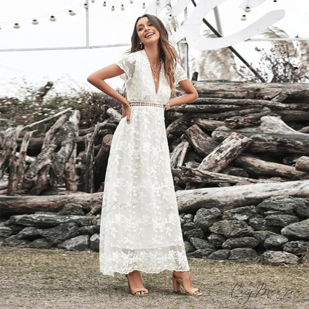 Vintage Deep V Short Sleeve Dress bohodress-250126