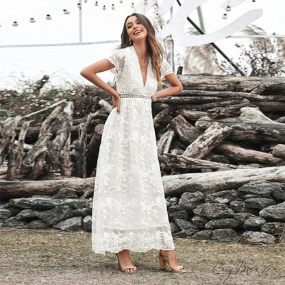 Vintage Deep V Short Sleeve Dress bohodress-250126