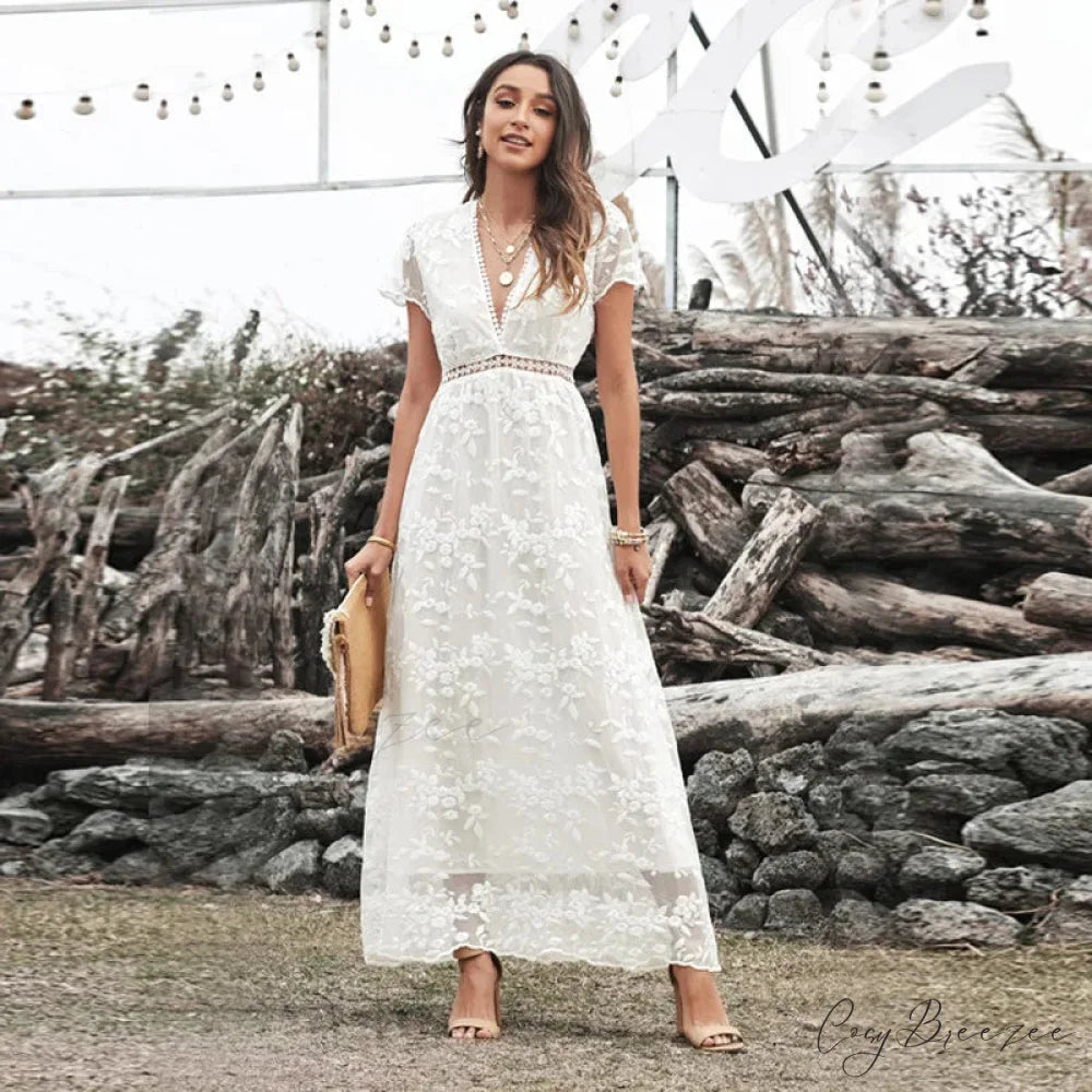 Vintage Deep V Short Sleeve Dress bohodress-250126