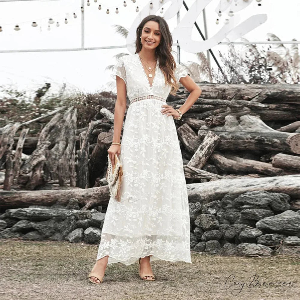 Vintage Deep V Short Sleeve Dress bohodress-250126