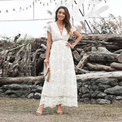 Vintage Deep V Short Sleeve Dress bohodress-250126