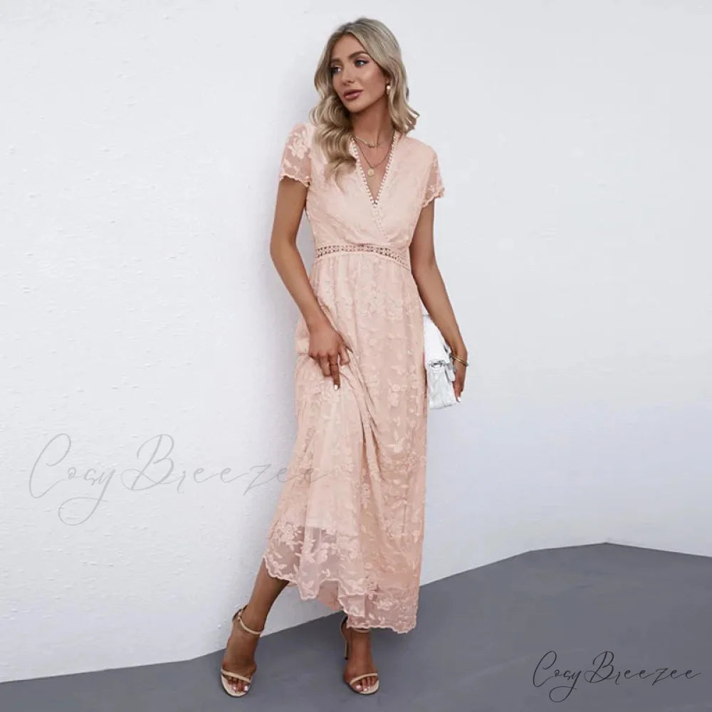 Vintage Deep V Short Sleeve Dress bohodress-250126