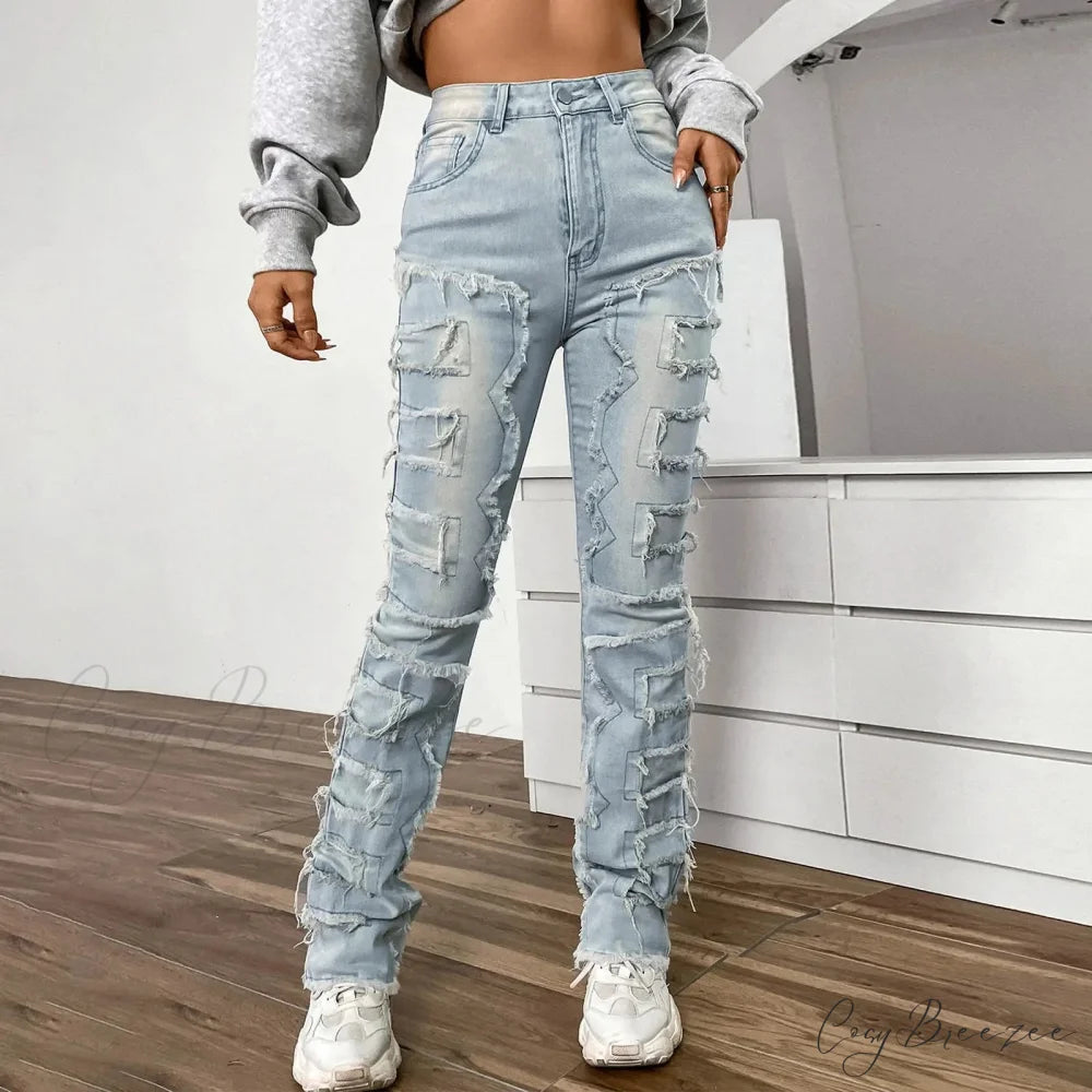 Vintage Denim Embroidered Stacked Jeans Blue / S