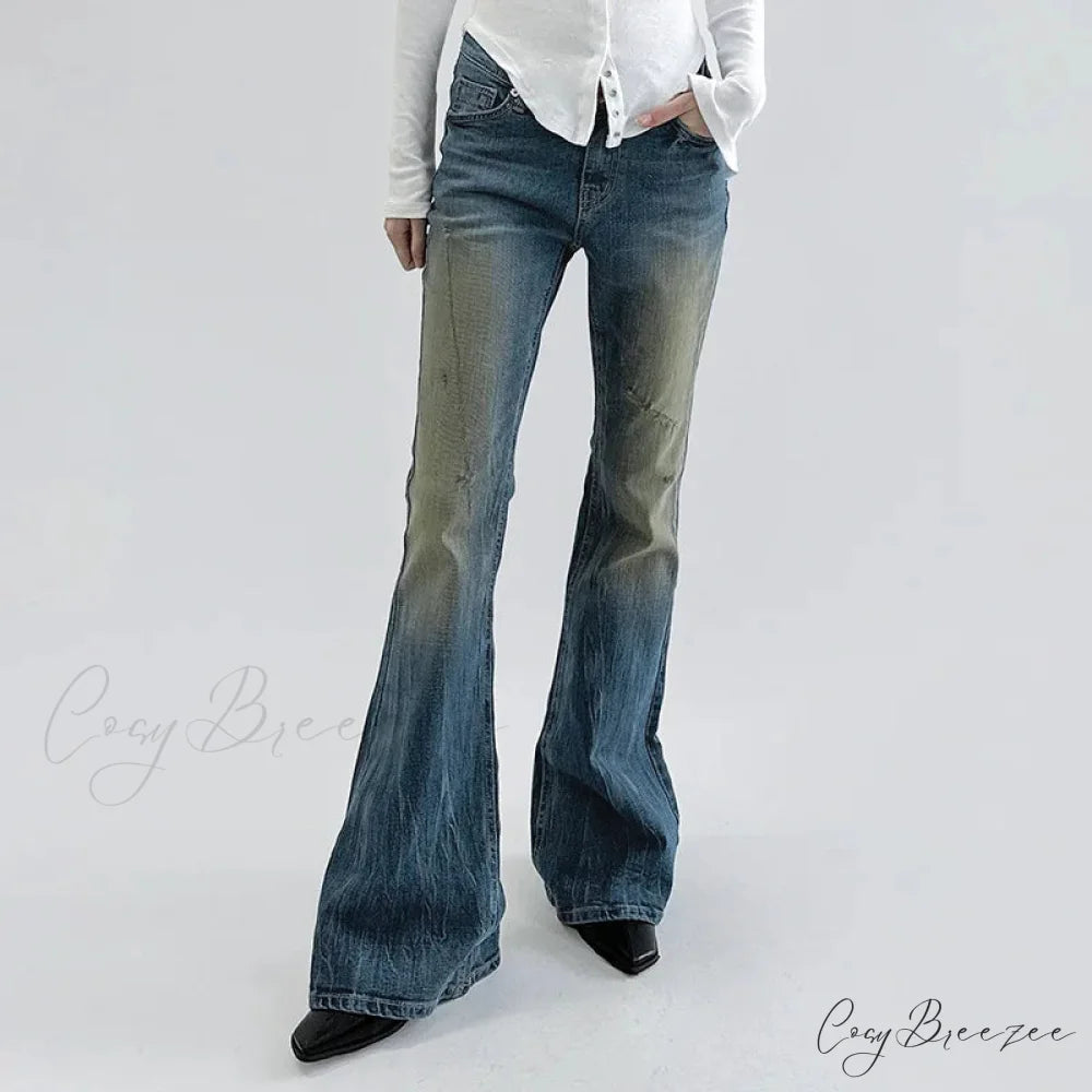 Vintage Denim Flare For Women Fashion Streetwear High Waist Hit Color Slim Female Autumn 2024 Jean