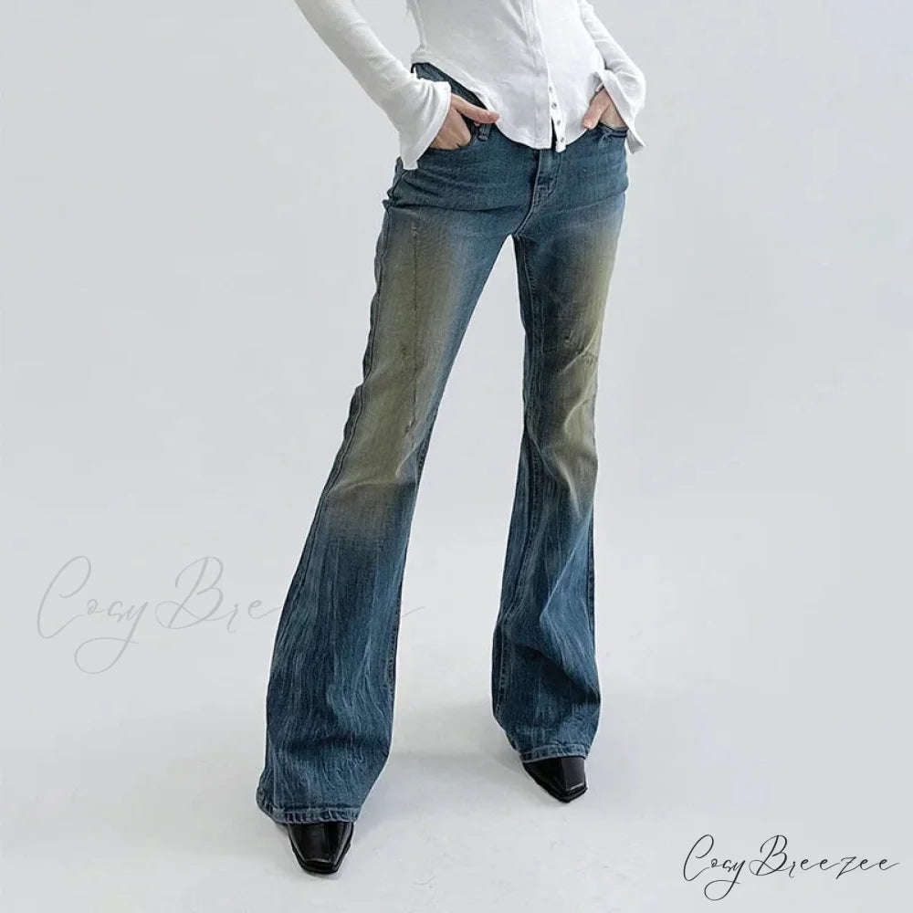 Vintage Denim Flare For Women Fashion Streetwear High Waist Hit Color Slim Female Autumn 2024 Jean