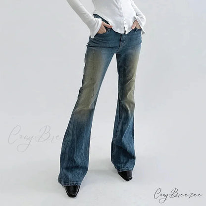 Vintage Denim Flare For Women Fashion Streetwear High Waist Hit Color Slim Female Autumn 2024 Jean