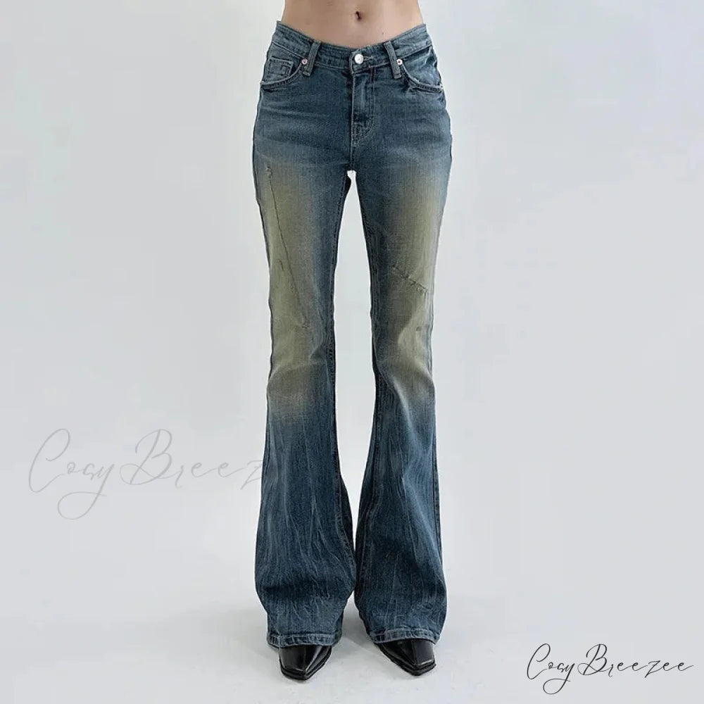 Vintage Denim Flare For Women Fashion Streetwear High Waist Hit Color Slim Female Autumn 2024 Jean