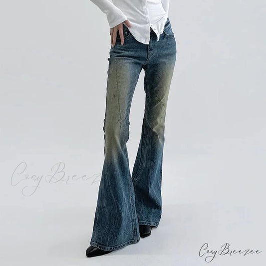 Vintage Denim Flare For Women Fashion Streetwear High Waist Hit Color Slim Female Autumn 2024 Jean Blue / S