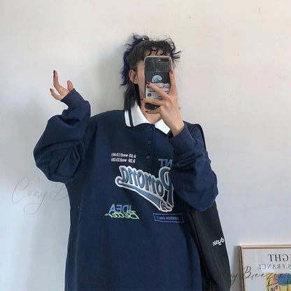 Vintage Design Letter Sweatshirt Navy Blue / S