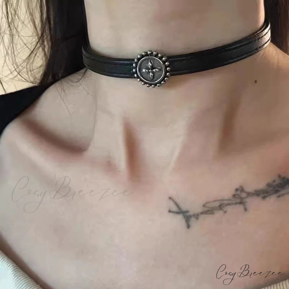 Vintage Distressed Black Leather Choker Necklace BLACK