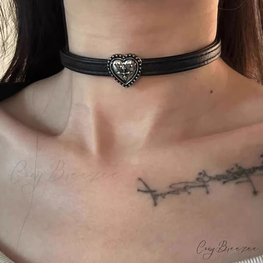 Vintage Distressed Black Leather Choker Necklace BLACK