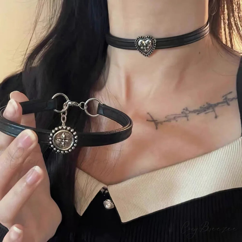 Vintage Distressed Black Leather Choker Necklace BLACK