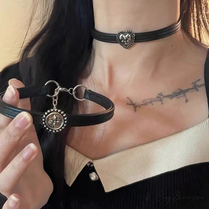 Vintage Distressed Black Leather Choker Necklace BLACK