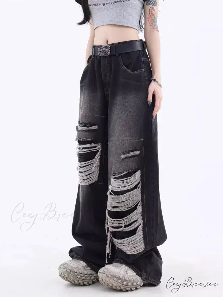 Vintage Distressed Washed Summer Loose Fitting Wide Leg Straight Tube Trendy Street Women’s Jean
