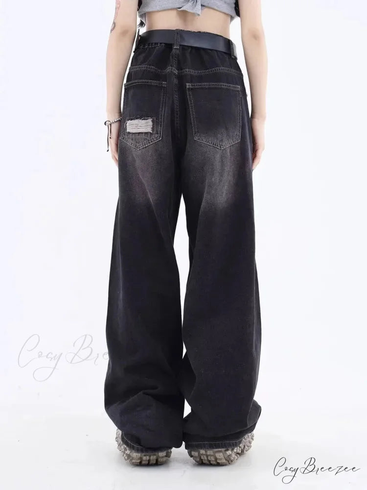 Vintage Distressed Washed Summer Loose Fitting Wide Leg Straight Tube Trendy Street Women’s Jean
