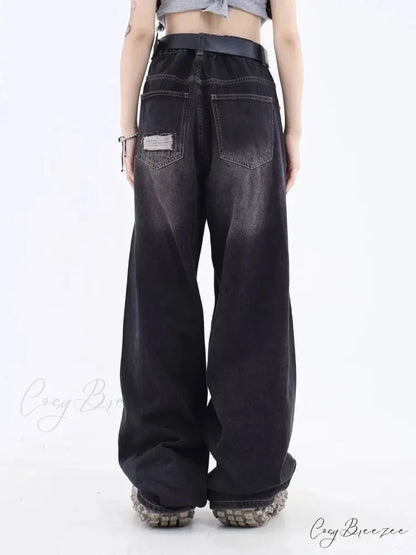 Vintage Distressed Washed Summer Loose Fitting Wide Leg Straight Tube Trendy Street Women’s Jean