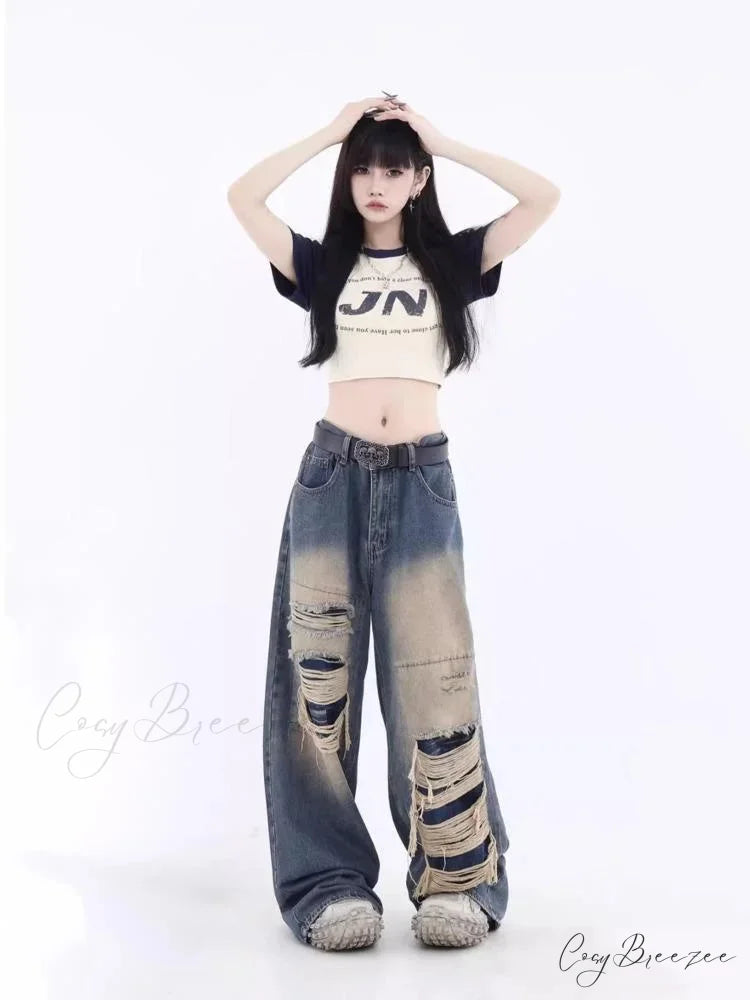 Vintage Distressed Washed Summer Loose Fitting Wide Leg Straight Tube Trendy Street Women’s Jean