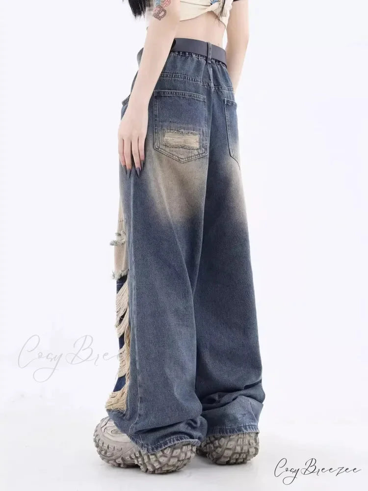 Vintage Distressed Washed Summer Loose Fitting Wide Leg Straight Tube Trendy Street Women’s Jean