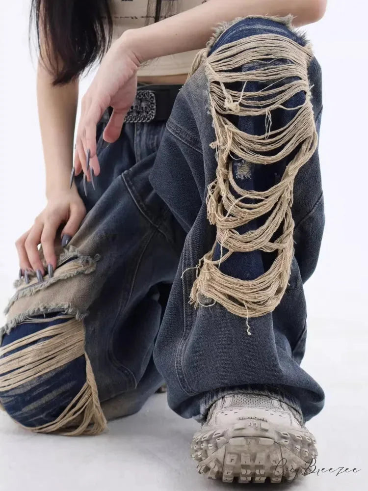 Vintage Distressed Washed Summer Loose Fitting Wide Leg Straight Tube Trendy Street Women’s Jean