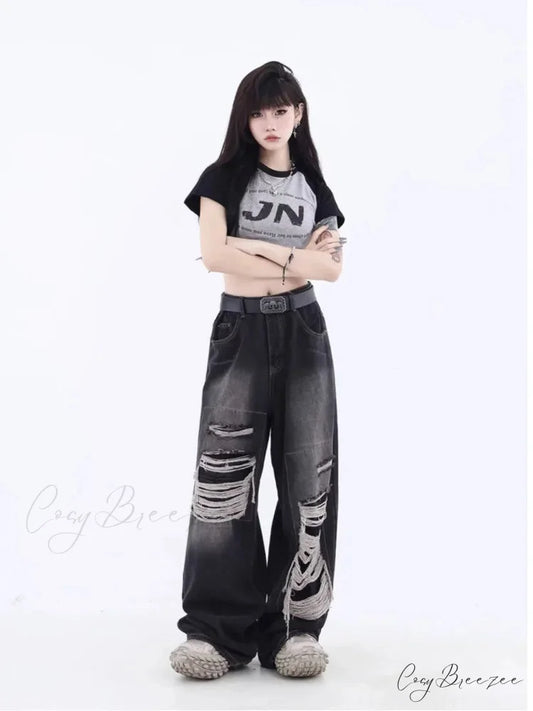Vintage Distressed Washed Summer Loose Fitting Wide Leg Straight Tube Trendy Street Women’s Jean
