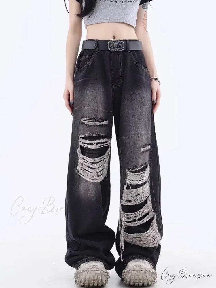 Vintage Distressed Washed Summer Loose Fitting Wide Leg Straight Tube Trendy Street Women’s Jean Black / S