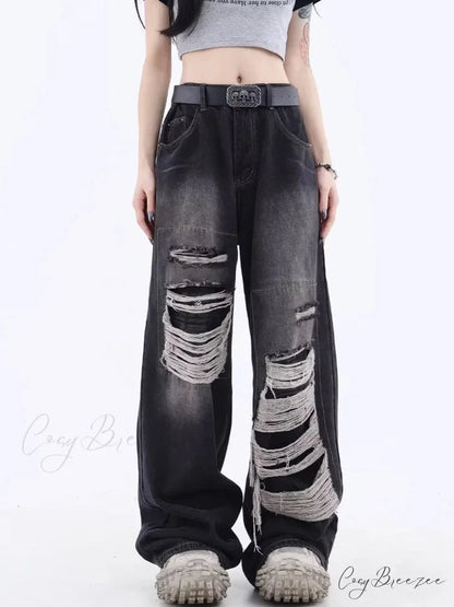 Vintage Distressed Washed Summer Loose Fitting Wide Leg Straight Tube Trendy Street Women’s Jean Black / S