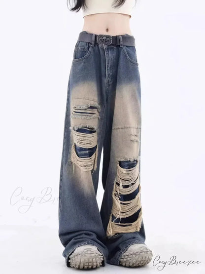 Vintage Distressed Washed Summer Loose Fitting Wide Leg Straight Tube Trendy Street Women’s Jean Blue / S