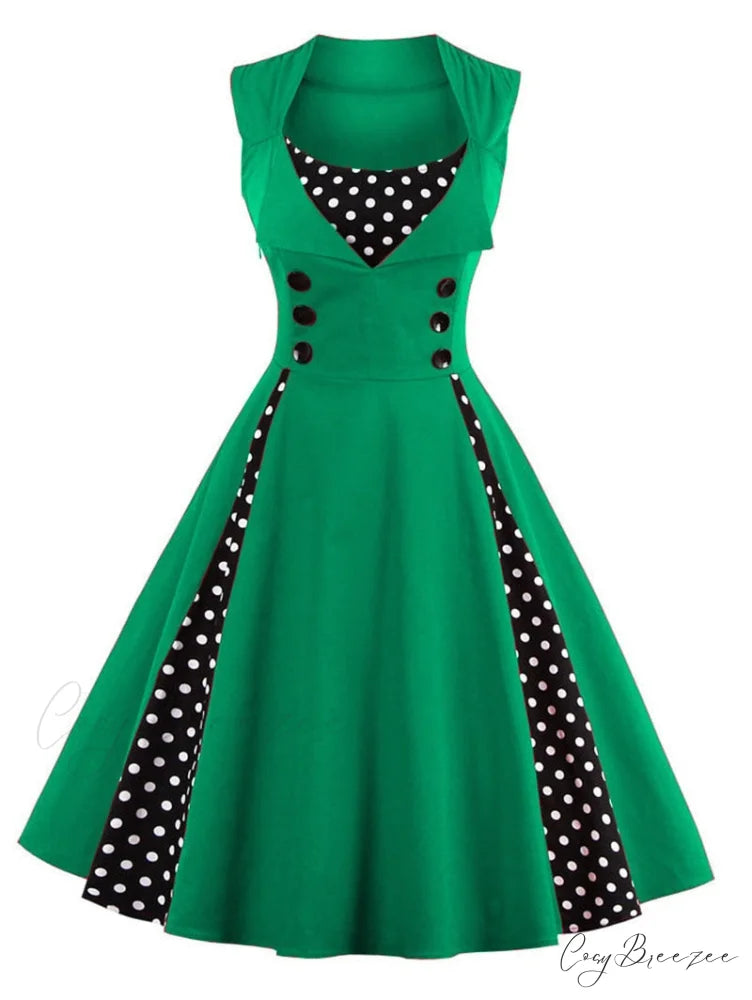 Vintage Dot Retro - Women’s Warm-Season Pin Swing Casual Tunic Party Rockabilly Vestidos Up Gown S-4XL Green / S