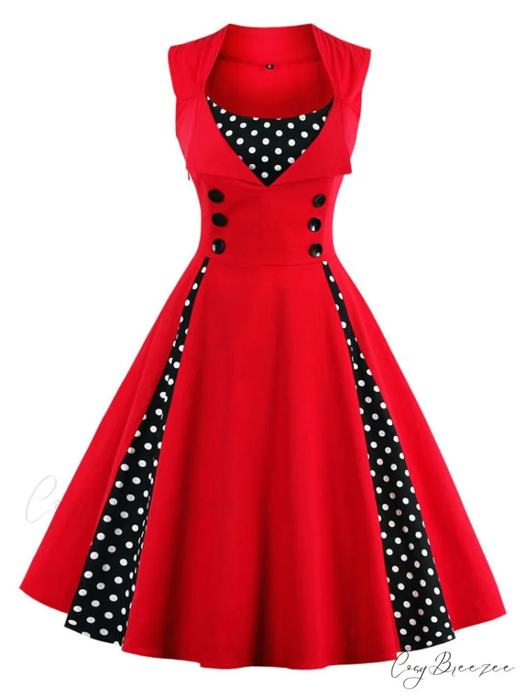 Vintage Dot Retro - Women’s Warm-Season Pin Swing Casual Tunic Party Rockabilly Vestidos Up Gown S-4XL Red / S