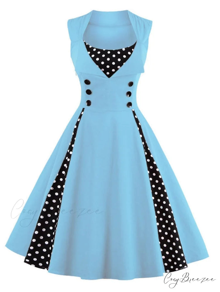 Vintage Dot Retro - Women’s Warm-Season Pin Swing Casual Tunic Party Rockabilly Vestidos Up Gown S-4XL Sky Blue / S
