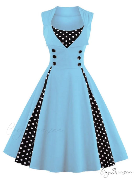 Vintage Dot Retro - Women’s Warm-Season Pin Swing Casual Tunic Party Rockabilly Vestidos Up Gown S-4XL Sky Blue / S