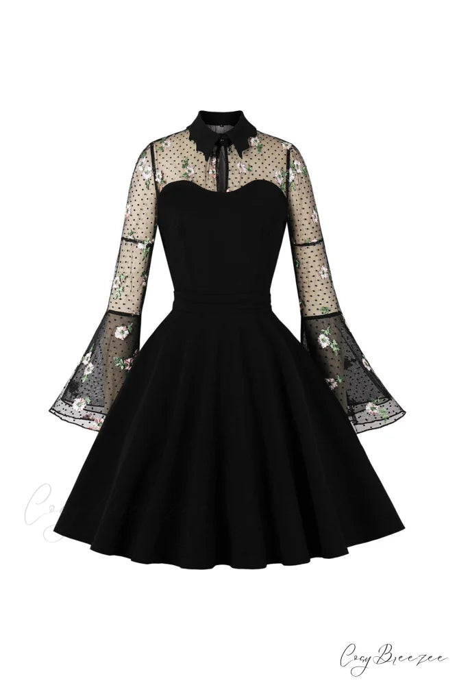 Vintage Dress with Mesh Embroidery and Flare Sleeves Black / S