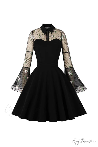 Vintage Dress with Mesh Embroidery and Flare Sleeves Black / S