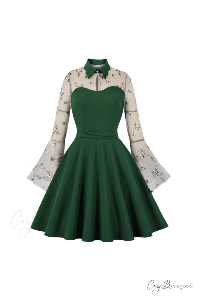 Vintage Dress with Mesh Embroidery and Flare Sleeves Green / S
