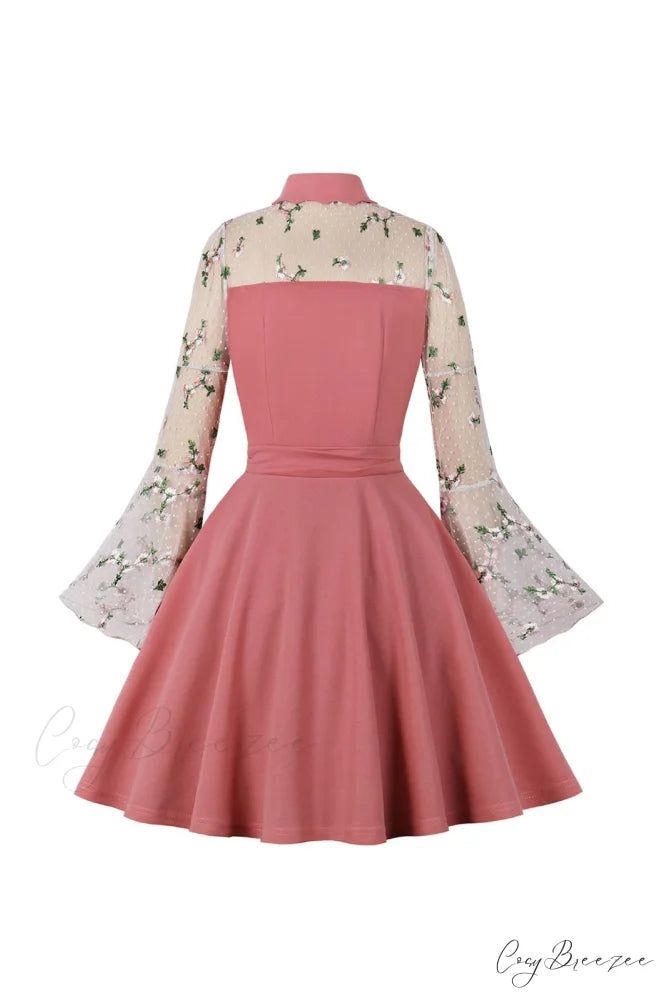 Vintage Dress with Mesh Embroidery and Flare Sleeves Pink / L