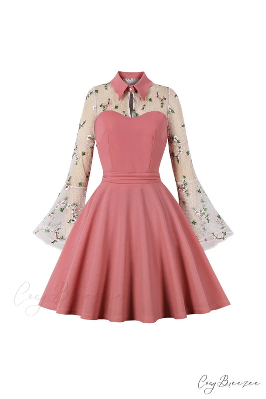 Vintage Dress with Mesh Embroidery and Flare Sleeves Pink / S
