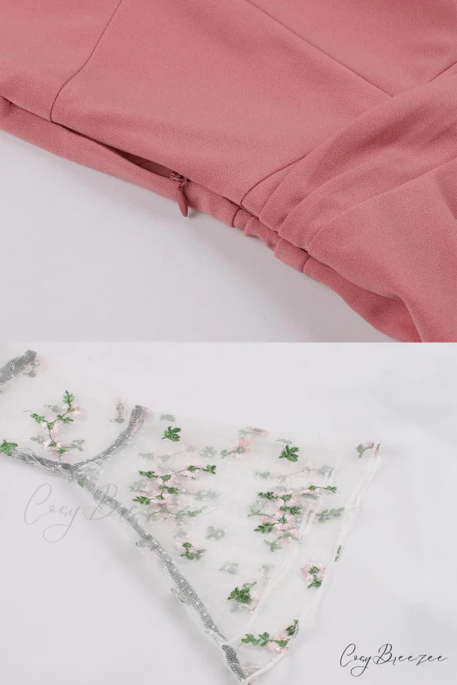 Vintage Dress with Mesh Embroidery and Flare Sleeves Pink / XL