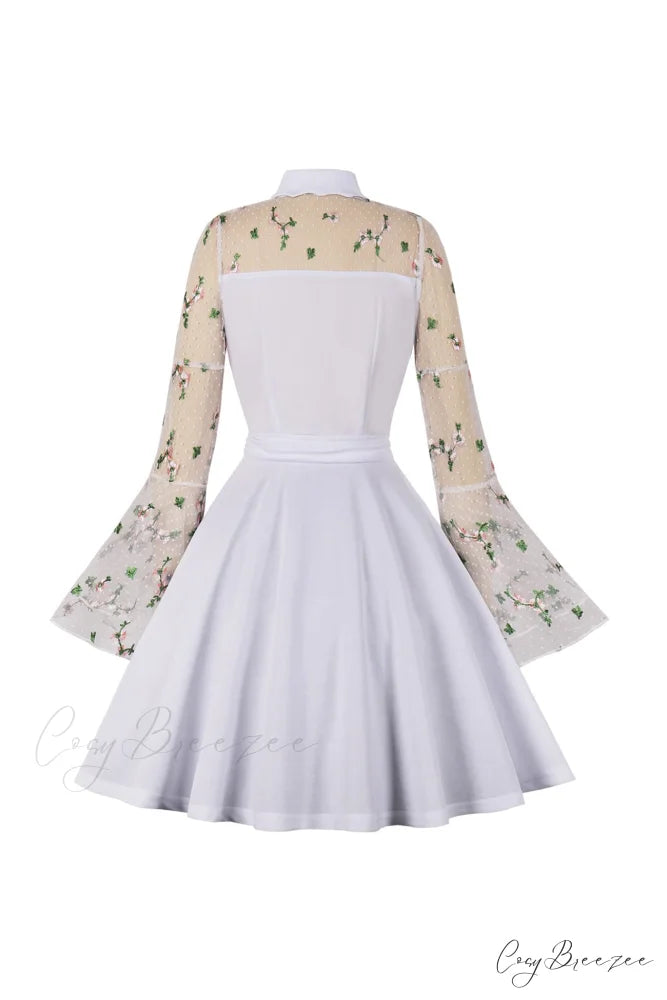 Vintage Dress with Mesh Embroidery and Flare Sleeves White / L