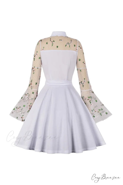 Vintage Dress with Mesh Embroidery and Flare Sleeves White / L