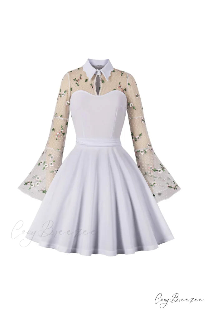 Vintage Dress with Mesh Embroidery and Flare Sleeves White / S
